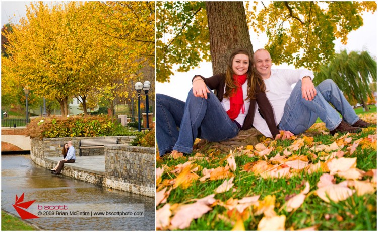Couple looks out over Carroll Creek in Frederick, MD. Right: Couple in Baker Park leans against tree with colorful leaves in the foreground
