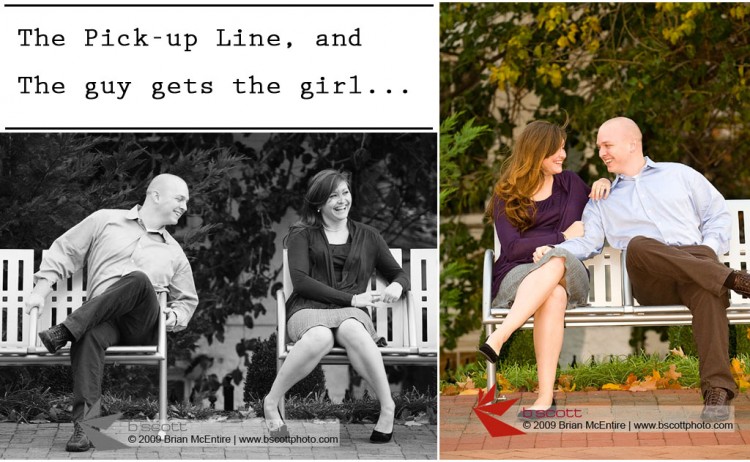 Two images of a couple on a park bench in downtown Frederick, MD