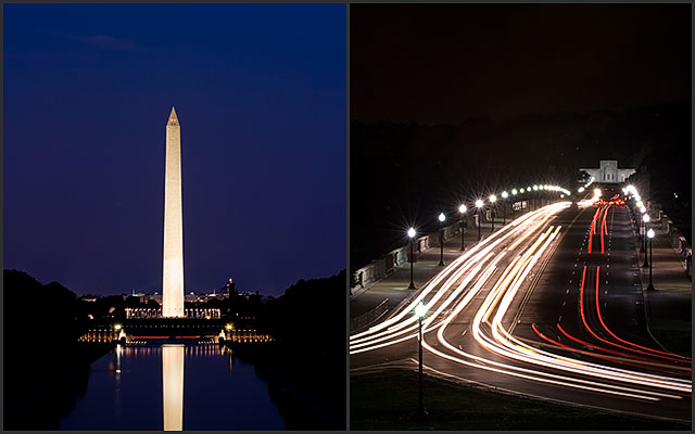 Washington Monument after Dusk and a View from the Lincoln Memorial