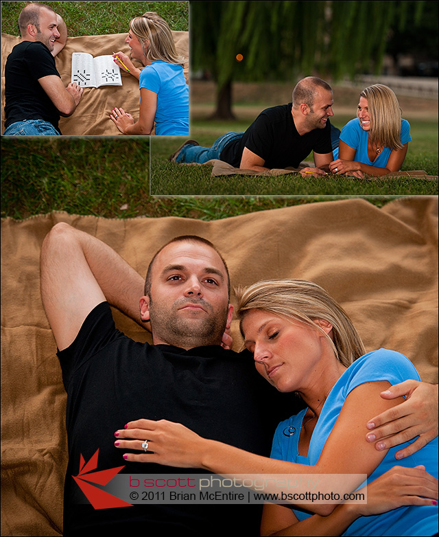 Collage of images of couple having a picnic and doing a crossword puzzle in Baker Park.