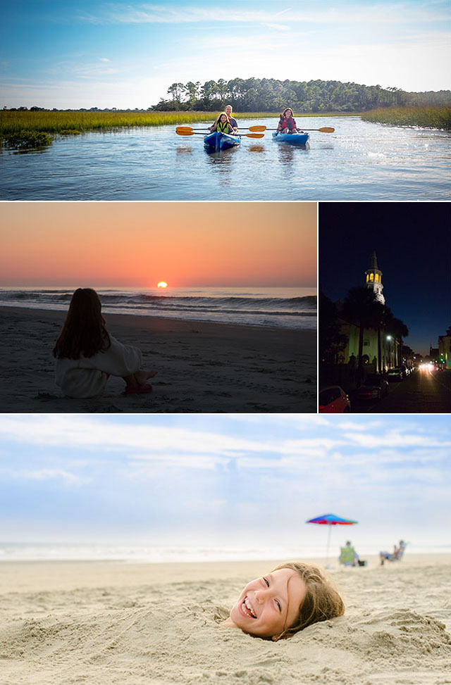 Collage of Family Kayaking on Salt Marsh River, Beach Sunrise, Charleston, and Girl Buried in Sand